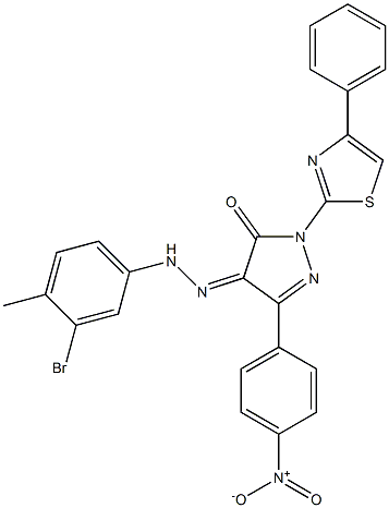 3-(4-nitrophenyl)-1-(4-phenyl-1,3-thiazol-2-yl)-1H-pyrazole-4,5-dione 4-[N-(3-bromo-4-methylphenyl)hydrazone] 结构式