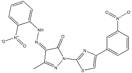 3-methyl-1-[4-(3-nitrophenyl)-1,3-thiazol-2-yl]-1H-pyrazole-4,5-dione 4-[N-(2-nitrophenyl)hydrazone] 结构式