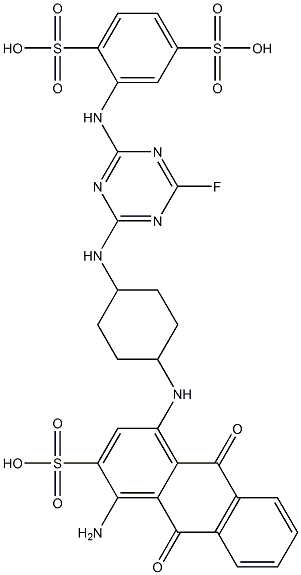 2-[[4-[[4-[[(4-Amino-9,10-dihydro-9,10-dioxo-3-sulfoanthracen)-1-yl]amino]cyclohexyl]amino]-6-fluoro-1,3,5-triazin-2-yl]amino]-1,4-benzenedisulfonic acid 结构式