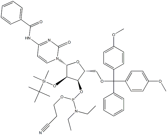 N-Benzoyl-5'-O-(4,4'-dimethoxytrityl)-2'-O-(tert-butyldimethylsilyl)cytidine 3'-[diethylaminophosphonous acid (2-cyanoethyl)] ester 结构式