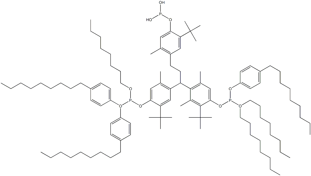 [3-Methyl-1,1,3-propanetriyltris(2-tert-butyl-5-methyl-4,1-phenyleneoxy)]tris(phosphonous acid)O,O',O'-trioctyl O,O'',O''-tris(4-nonylphenyl) ester 结构式