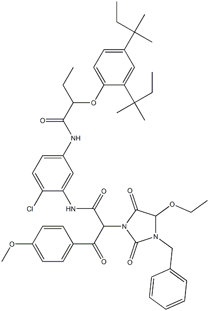 1-Benzyl-5-ethoxy-3-[[N-[2-chloro-5-[N-[2-(2,4-di-tert-pentylphenoxy)butanoyl]amino]phenyl]carbamoyl](4-methoxyphenylcarbonyl)methyl]hydantoin 结构式