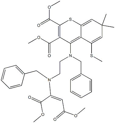 7,7-Dimethyl-5-(methylthio)-4-[benzyl[2-[benzyl[1,2-bis(methoxycarbonyl)ethenyl]amino]ethyl]amino]-7H-1-benzothiopyran-2,3-dicarboxylic acid dimethyl ester 结构式