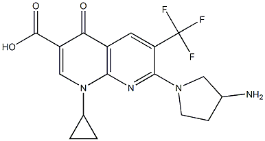 6-(Trifluoromethyl)-1,4-dihydro-1-cyclopropyl-4-oxo-7-(3-aminopyrrolidin-1-yl)-1,8-naphthyridine-3-carboxylic acid 结构式
