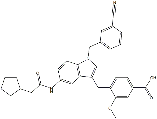 4-[5-Cyclopentylacetylamino-1-(3-cyanobenzyl)-1H-indol-3-ylmethyl]-3-methoxybenzoic acid 结构式