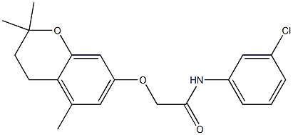 3,4-Dihydro-2,2-dimethyl-5-methyl-7-[N-(3-chlorophenyl)carbamoylmethoxy]-2H-1-benzopyran 结构式