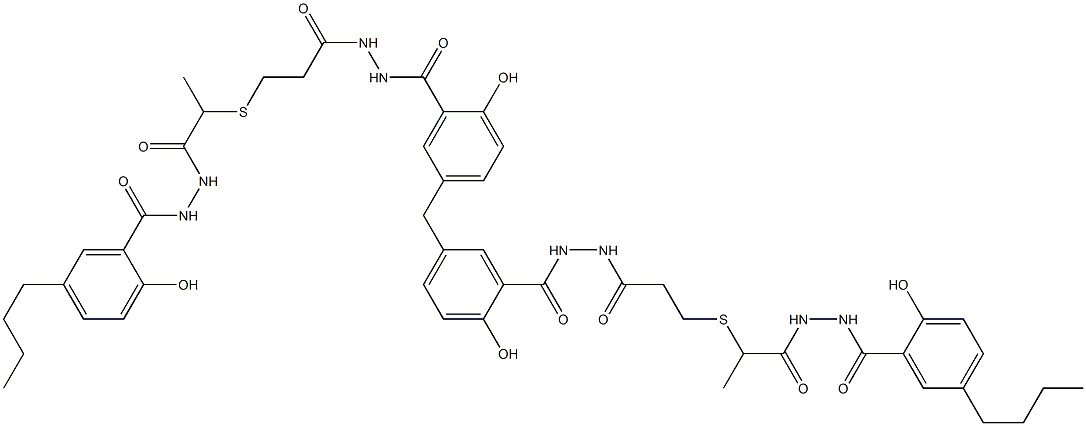 5,5'-Methylenebis[N'-[3-[[1-[[N'-(5-butylsalicyloyl)hydrazino]carbonyl]ethyl]thio]propionyl]salicylic hydrazide] 结构式