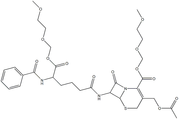 7-[5-Phenylcarbonylamino-5-[(2,5-dioxahexan-1-yl)oxycarbonyl]valerylamino]-3-acetoxymethyl-8-oxo-5-thia-1-azabicyclo[4.2.0]oct-2-ene-2-carboxylic acid 2,5-dioxahexan-1-yl ester 结构式