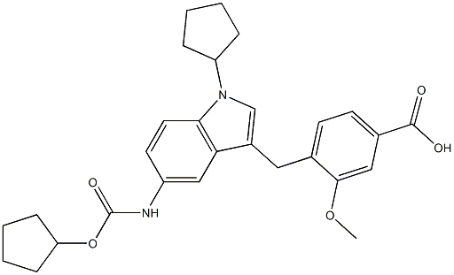 4-[5-Cyclopentyloxycarbonylamino-1-cyclopentyl-1H-indol-3-ylmethyl]-3-methoxybenzoic acid 结构式