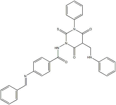 4-(Benzylideneamino)-N-[[hexahydro-4,6-dioxo-2-thioxo-3-(phenyl)-5-(phenylaminomethyl)pyrimidin]-1-yl]benzamide 结构式