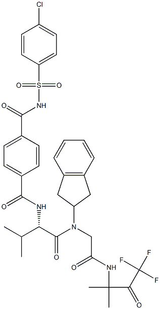 N-[(1S)-1-[[[(2,3-Dihydro-1H-inden)-2-yl][[[2-(trifluoroacetyl)propan-2-yl]carbamoyl]methyl]amino]carbonyl]-2-methylpropyl]-N'-[(4-chlorophenyl)sulfonyl]terephthalamide 结构式