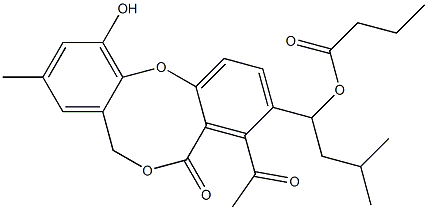 Butyric acid 1-(4-acetyl-11-hydroxy-9-methyl-5-oxo-5H,7H-dibenzo[b,g][1,5]dioxocin-3-yl)-3-methylbutyl ester 结构式