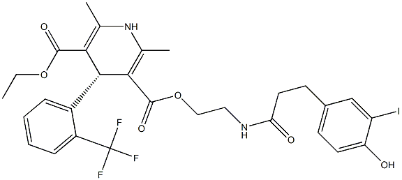 (4R)-1,4-Dihydro-2,6-dimethyl-4-[2-(trifluoromethyl)phenyl]pyridine-3,5-dicarboxylic acid 3-[2-[3-(4-hydroxy-3-iodophenyl)propanoylamino]ethyl]5-ethyl ester 结构式