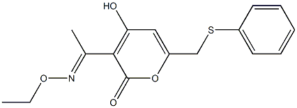 4-Hydroxy-6-phenylthiomethyl-3-(1-ethyloxyiminoethyl)-2H-pyran-2-one 结构式