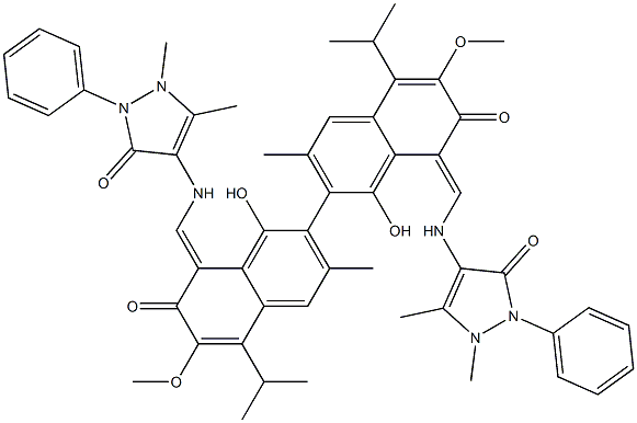 1,1'-Dihydroxy-3,3'-dimethyl-5,5'-diisopropyl-6,6'-dimethoxy-8,8'-bis[[(1-phenyl-2,3-dimethyl-5-oxo-2,5-dihydro-1H-pyrazol)-4-yl]aminomethylene][2,2'-binaphthalene]-7,7'(8H,8'H)-dione 结构式