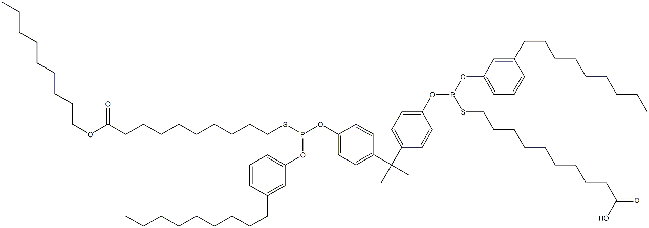 10,10'-[[Isopropylidenebis(4,1-phenyleneoxy)]bis[[(3-nonylphenyl)oxy]phosphinediylthio]]bis(decanoic acid nonyl) ester 结构式