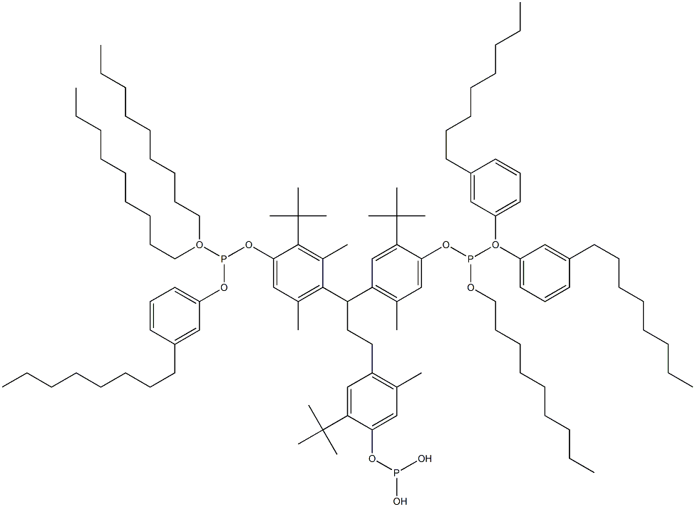 [3-Methyl-1,1,3-propanetriyltris(2-tert-butyl-5-methyl-4,1-phenyleneoxy)]tris(phosphonous acid)O,O',O'-trinonyl O,O'',O''-tris(3-octylphenyl) ester 结构式