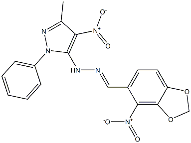 1-(1-Phenyl-3-methyl-4-nitro-1H-pyrazol-5-yl)-2-[2-nitro-3,4-(methylenedioxy)benzylidene]hydrazine 结构式