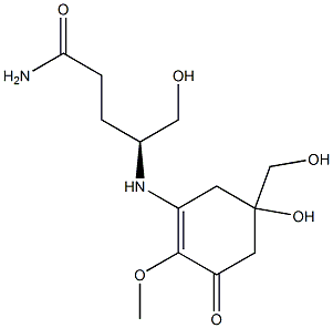 (4S)-4-[[5-Hydroxy-5-(hydroxymethyl)-2-methoxy-1-oxo-2-cyclohexen-3-yl]amino]-5-hydroxyvaleramide 结构式