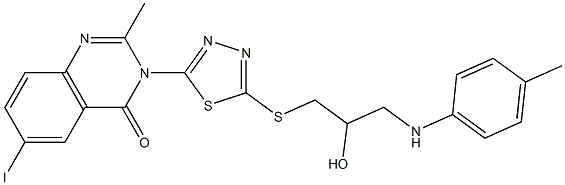 6-Iodo-2-methyl-3-[5-[[3-(4-methylanilino)-2-hydroxypropyl]thio]-1,3,4-thiadiazol-2-yl]quinazolin-4(3H)-one 结构式