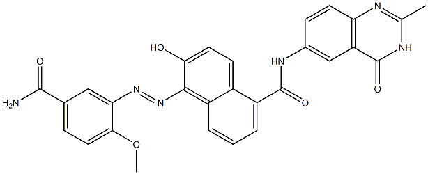 1-[(2-Methoxy-5-carbamoylphenyl)azo]-N-[(2-methyl-3,4-dihydro-4-oxoquinazolin)-6-yl]-2-hydroxynaphthalene-5-carboxamide 结构式