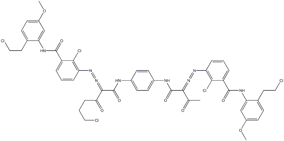 3,3'-[2-(2-Chloroethyl)-1,4-phenylenebis[iminocarbonyl(acetylmethylene)azo]]bis[N-[2-(2-chloroethyl)-5-methoxyphenyl]-2-chlorobenzamide] 结构式