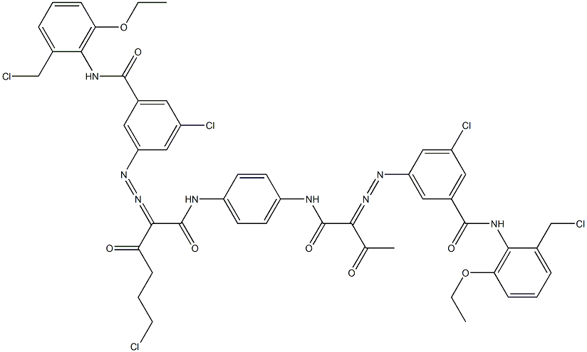 3,3'-[2-(2-Chloroethyl)-1,4-phenylenebis[iminocarbonyl(acetylmethylene)azo]]bis[N-[2-(chloromethyl)-6-ethoxyphenyl]-5-chlorobenzamide] 结构式