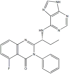 (R)-2-(1-((9H-嘌呤-6-基)氨基)丙基)-5-氟-3-苯基喹唑啉-4(3H)-酮 结构式