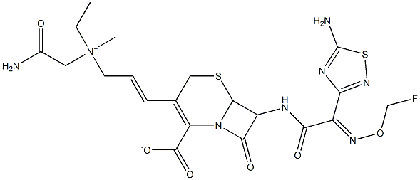 7-[[2-(5-amino-1,2,4-thiadiazol-3-yl)-2-(fluoromethoxyimino)acetyl]amino]-3-[3-(carbamoylmethyl-ethyl-methyl-ammonio)prop-1-enyl]-8-oxo-5-thia-1-azabicyclo[4.2.0]oct-2-ene-2-carboxylate 结构式