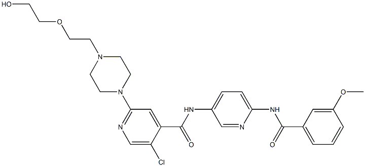 5-chloro-2-(4-(2-(2-hydroxyethoxy)ethyl)piperazin-1-yl)-N-(6-(3-methoxybenzamido)pyridin-3-yl)isonicotinamide 结构式