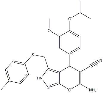 6-amino-4-(4-isopropoxy-3-methoxyphenyl)-3-{[(4-methylphenyl)sulfanyl]methyl}-2,4-dihydropyrano[2,3-c]pyrazole-5-carbonitrile 结构式