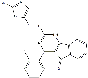 2-{[(2-chloro-1,3-thiazol-5-yl)methyl]sulfanyl}-4-(2-fluorophenyl)-1,4-dihydro-5H-indeno[1,2-d]pyrimidin-5-one 结构式