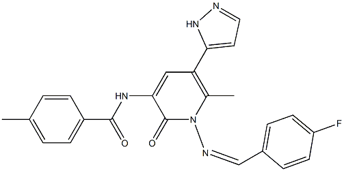 N-[1-{[(Z)-(4-fluorophenyl)methylidene]amino}-6-methyl-2-oxo-5-(1H-pyrazol-5-yl)-1,2-dihydro-3-pyridinyl]-4-methylbenzenecarboxamide 结构式