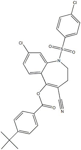 8-chloro-1-[(4-chlorophenyl)sulfonyl]-4-cyano-2,3-dihydro-1H-1-benzazepin-5-yl 4-(tert-butyl)benzoate 结构式