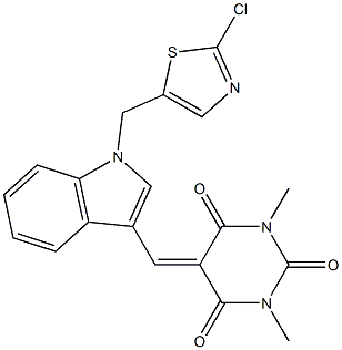 5-({1-[(2-chloro-1,3-thiazol-5-yl)methyl]-1H-indol-3-yl}methylene)-1,3-dimethyl-2,4,6(1H,3H,5H)-pyrimidinetrione 结构式