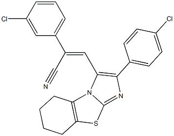 (Z)-2-(3-chlorophenyl)-3-[2-(4-chlorophenyl)-5,6,7,8-tetrahydroimidazo[2,1-b][1,3]benzothiazol-3-yl]-2-propenenitrile 结构式