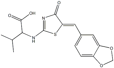 2-({5-[(E)-1,3-benzodioxol-5-ylmethylidene]-4-oxo-4,5-dihydro-1,3-thiazol-2-yl}amino)-3-methylbutanoic acid 结构式