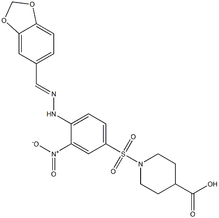 1-[(4-{2-[(E)-1,3-benzodioxol-5-ylmethylidene]hydrazino}-3-nitrophenyl)sulfonyl]-4-piperidinecarboxylic acid 结构式