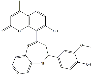 7-hydroxy-8-[2-(4-hydroxy-3-methoxyphenyl)-2,3-dihydro-1H-1,5-benzodiazepin-4-yl]-4-methyl-2H-chromen-2-one 结构式