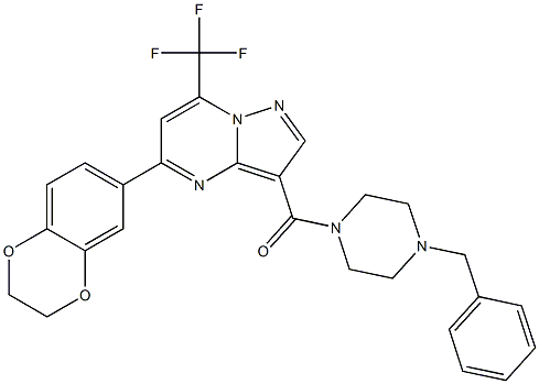 3-[(4-benzyl-1-piperazinyl)carbonyl]-5-(2,3-dihydro-1,4-benzodioxin-6-yl)-7-(trifluoromethyl)pyrazolo[1,5-a]pyrimidine 结构式