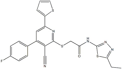 2-{[3-cyano-4-(4-fluorophenyl)-6-(2-thienyl)-2-pyridinyl]sulfanyl}-N-(5-ethyl-1,3,4-thiadiazol-2-yl)acetamide 结构式