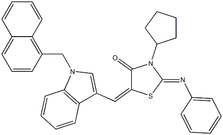 3-cyclopentyl-5-{[1-(1-naphthylmethyl)-1H-indol-3-yl]methylene}-2-(phenylimino)-1,3-thiazolidin-4-one 结构式