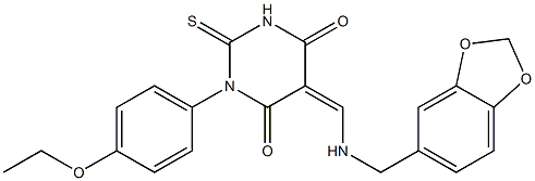 5-{[(1,3-benzodioxol-5-ylmethyl)amino]methylene}-1-(4-ethoxyphenyl)-2-thioxodihydro-4,6(1H,5H)-pyrimidinedione 结构式