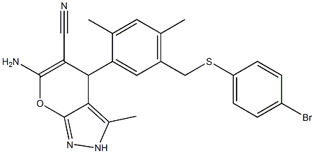 6-amino-4-(5-{[(4-bromophenyl)sulfanyl]methyl}-2,4-dimethylphenyl)-3-methyl-2,4-dihydropyrano[2,3-c]pyrazole-5-carbonitrile 结构式