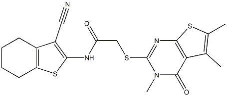 N-(3-cyano-4,5,6,7-tetrahydro-1-benzothien-2-yl)-2-[(3,5,6-trimethyl-4-oxo-3,4-dihydrothieno[2,3-d]pyrimidin-2-yl)sulfanyl]acetamide 结构式