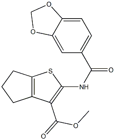 methyl 2-[(1,3-benzodioxol-5-ylcarbonyl)amino]-5,6-dihydro-4H-cyclopenta[b]thiophene-3-carboxylate 结构式