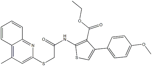 ethyl 4-(4-methoxyphenyl)-2-({[(4-methyl-2-quinolinyl)sulfanyl]acetyl}amino)-3-thiophenecarboxylate 结构式