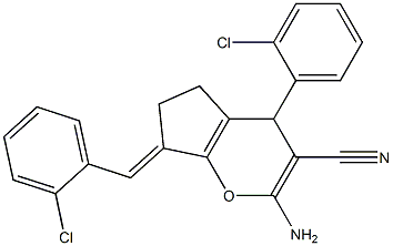 2-amino-7-(2-chlorobenzylidene)-4-(2-chlorophenyl)-4,5,6,7-tetrahydrocyclopenta[b]pyran-3-carbonitrile 结构式