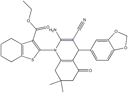 ethyl 2-(2-amino-4-(1,3-benzodioxol-5-yl)-3-cyano-7,7-dimethyl-5-oxo-5,6,7,8-tetrahydro-1(4H)-quinolinyl)-4,5,6,7-tetrahydro-1-benzothiophene-3-carboxylate 结构式