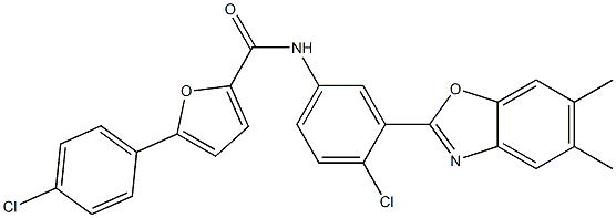 N-[4-chloro-3-(5,6-dimethyl-1,3-benzoxazol-2-yl)phenyl]-5-(4-chlorophenyl)-2-furamide 结构式